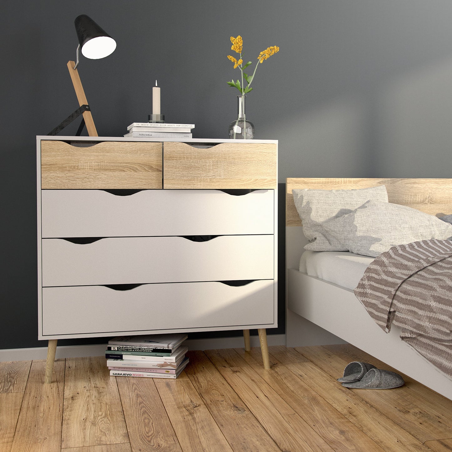 Cote | Furniture Oslo 3 Piece Bedroom Set - Bedside Table, Chest and 2 Door, 2 Drawers Wardrobe - White & Oak Oslo, BUNDLE 70449akp1