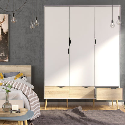 Cote | Furniture Oslo 3 Piece Bedroom Set - Bedside Table, Chest and 3 Door, 3 Drawers Wardrobe - White & Oak Oslo, BUNDLE 70449akp2