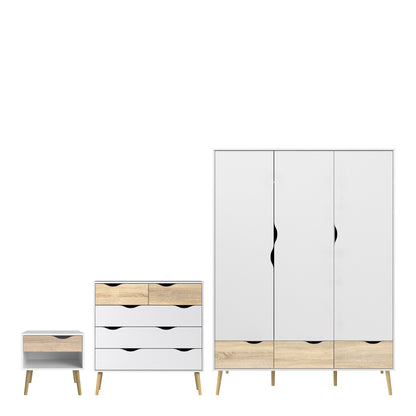 Cote | Furniture Oslo 3 Piece Bedroom Set - Bedside Table, Chest and 3 Door, 3 Drawers Wardrobe - White & Oak Oslo, BUNDLE 70449akp2