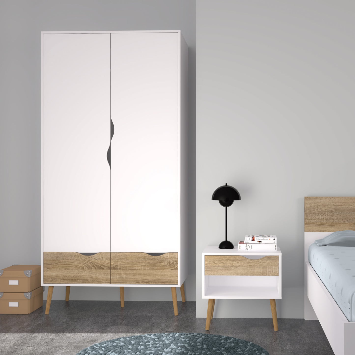 Cote | Furniture Oslo 3-Piece Bedroom Set - 2 Matching Bedside Tables and 2 Door, 2 Drawer Wardrobe  - White & Oak Oslo, BUNDLE 70449akp3