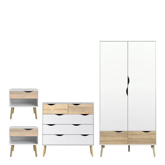 Cote | Furniture Oslo 4 Piece Bedroom Set -  2 Matching Bedside Tables, 2 Door, 2 Drawer Wardrobe and Chest - White & Oak Oslo, BUNDLE 70449akp4