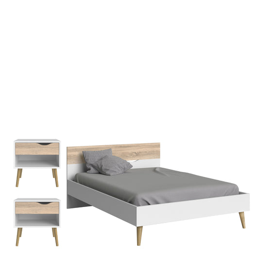 Cote | Furniture Oslo 3 Piece Bedroom Set - 2 Matching Bedside Tables and Double Bed - White & Oak Oslo, BUNDLE 70449akp5