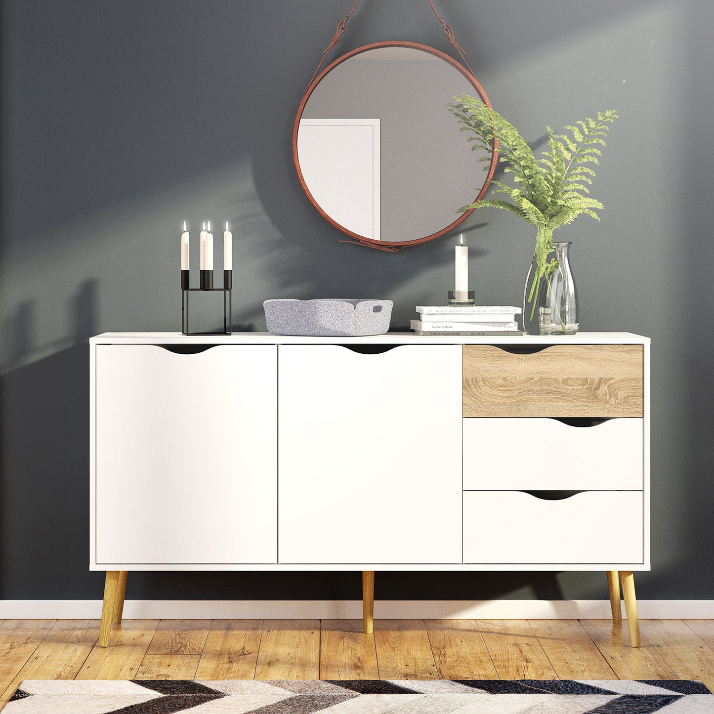 Cote | Furniture Oslo Sideboard, Large 3 Drawer + 2 Door - White & Oak Oslo, Sideboards 7047538149ak