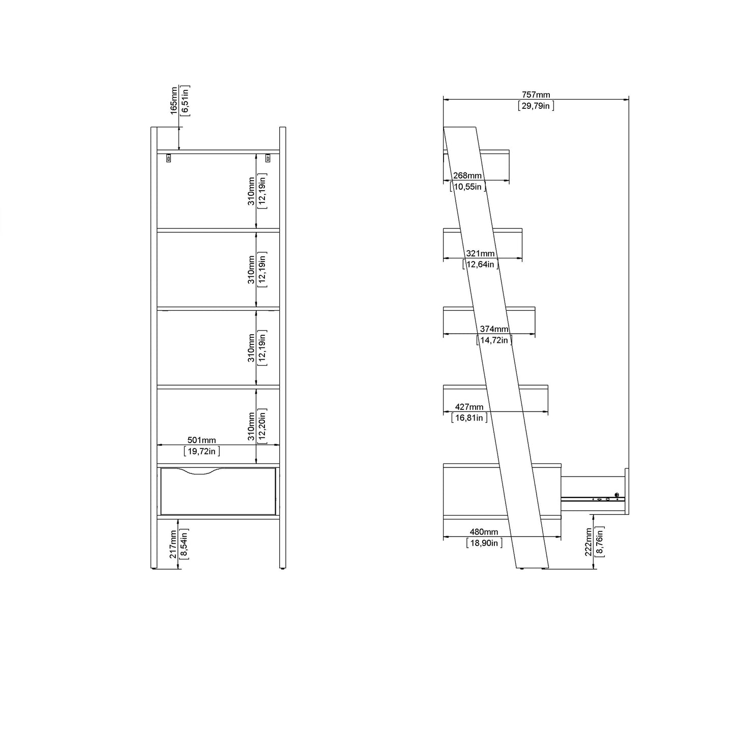 Cote | Furniture Oslo Bookcase, Leaning 1 Drawer - White & Oak Oslo, Bookcases 7047538549ak