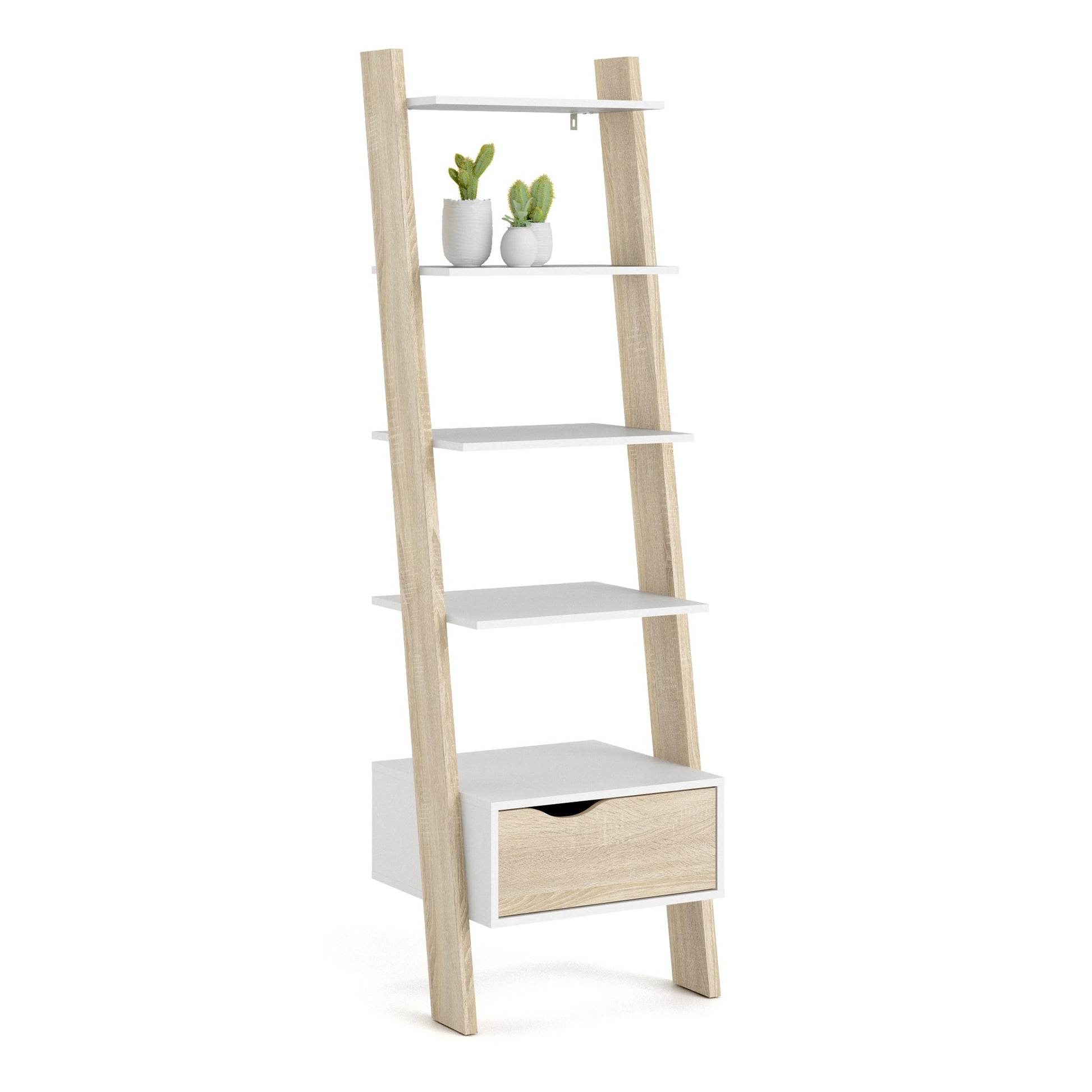 Cote | Furniture Oslo Bookcase, Leaning 1 Drawer - White & Oak Oslo, Bookcases 7047538549ak