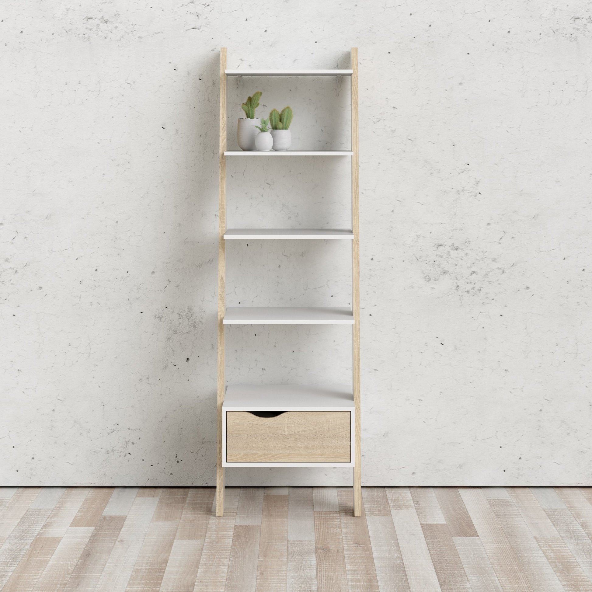 Cote | Furniture Oslo Bookcase, Leaning 1 Drawer - White & Oak Oslo, Bookcases 7047538549ak