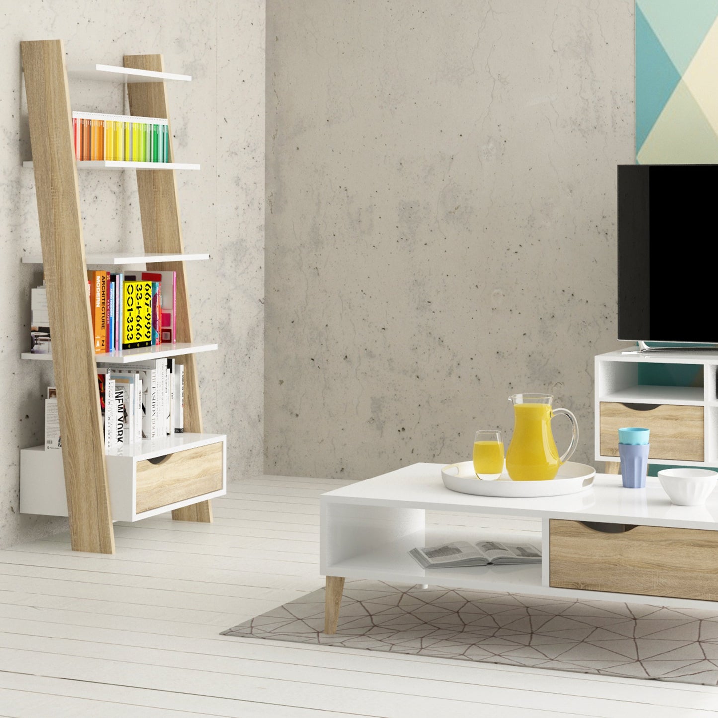 Cote | Furniture Oslo Bookcase, Leaning 1 Drawer - White & Oak Oslo, Bookcases 7047538549ak