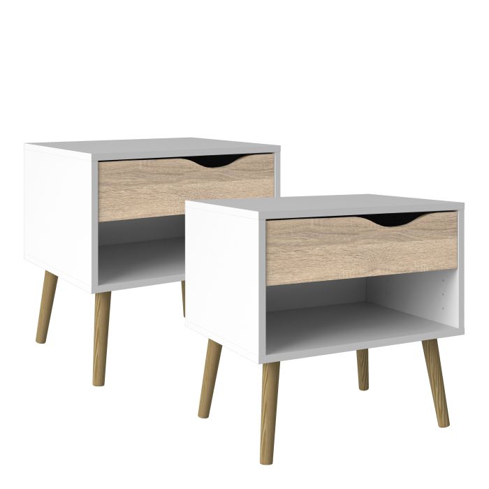 Cote | Furniture Oslo Bedside Table, 1 Drawer - White & Oak (Set of 2) Oslo, Bedside Tables 7047539449akp