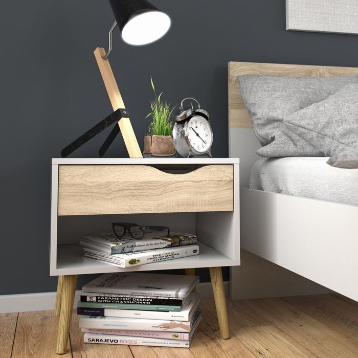 Cote | Furniture Oslo Bedside Table, 1 Drawer - White & Oak (Set of 2) Oslo, Bedside Tables 7047539449akp