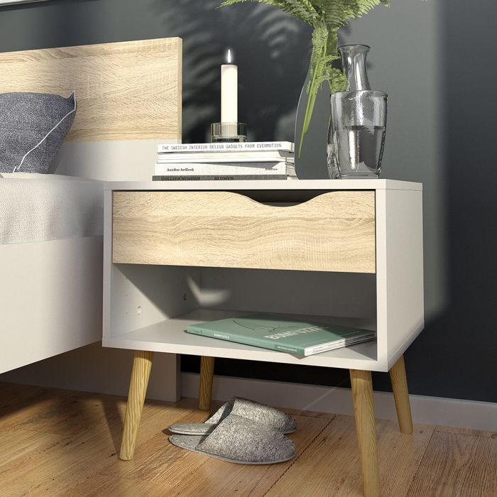 Cote | Furniture Oslo Bedside Table, 1 Drawer - White & Oak (Set of 2) Oslo, Bedside Tables 7047539449akp