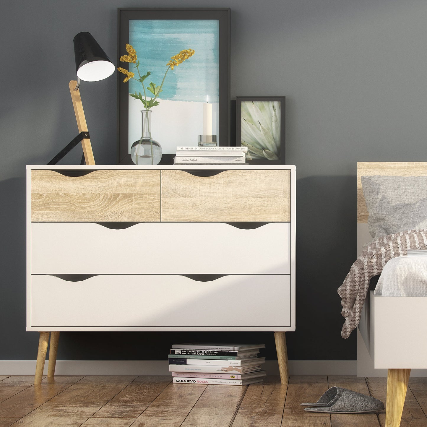 Cote | Furniture Oslo Chest of Drawers, 4 Drawer (2+2) - White & Oak Oslo, Chest of Drawers 7047539549ak