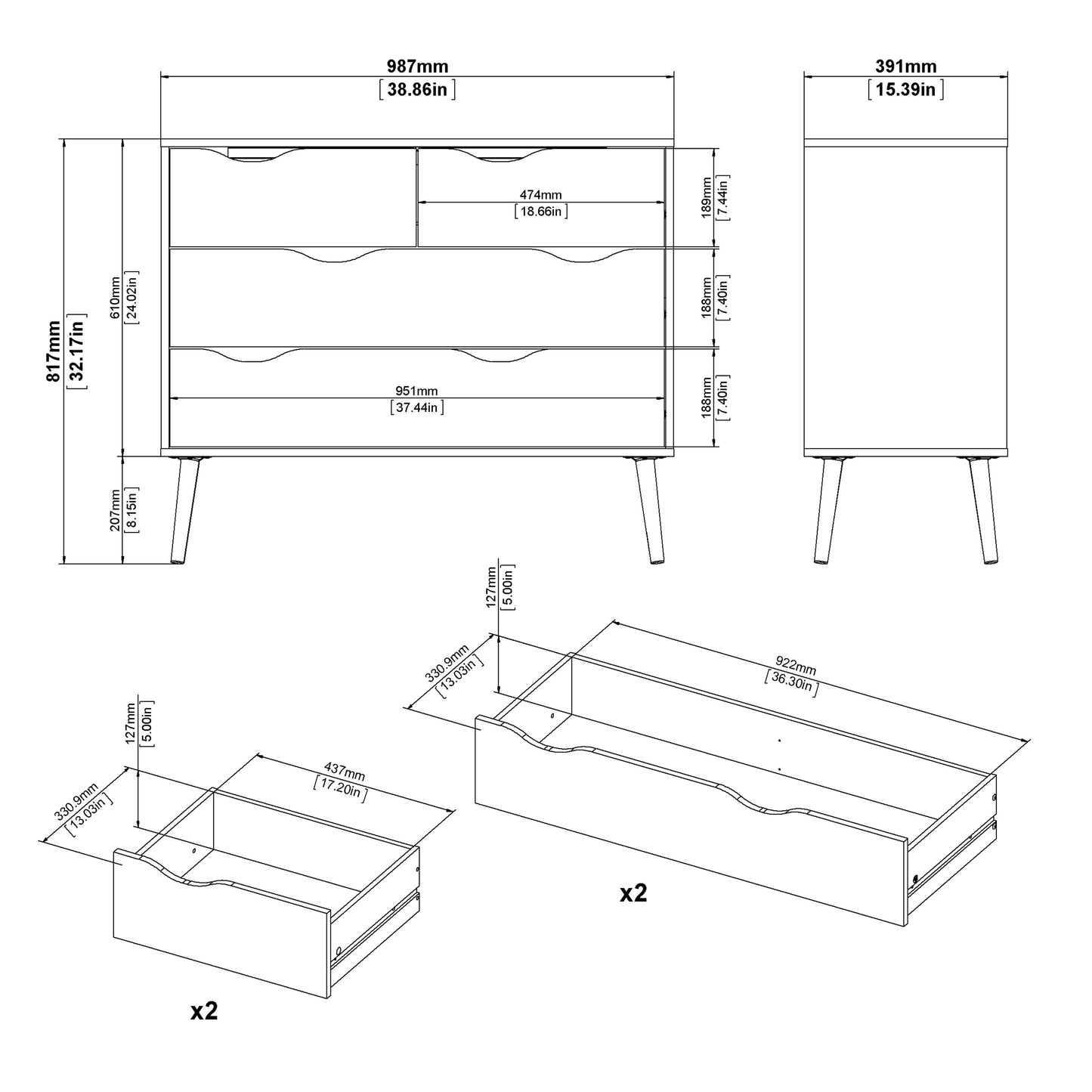 Cote | Furniture Oslo Chest of Drawers, 4 Drawer (2+2) - Black & Oak Oslo, Chest of Drawers 70475395gmak