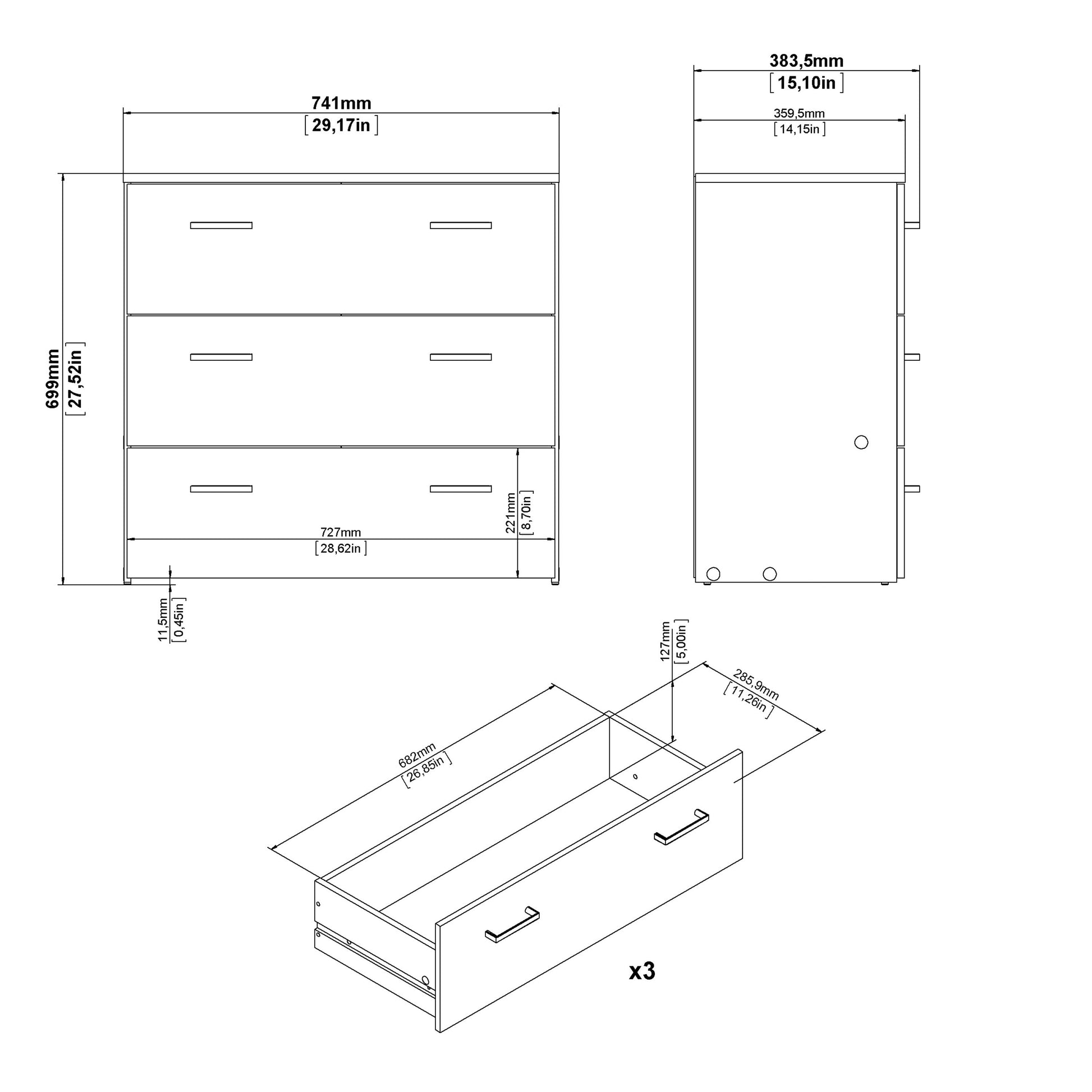 Cote | Furniture Space Chest of Drawers, 3 Drawer - White Space, Chest of Drawers 705704214949