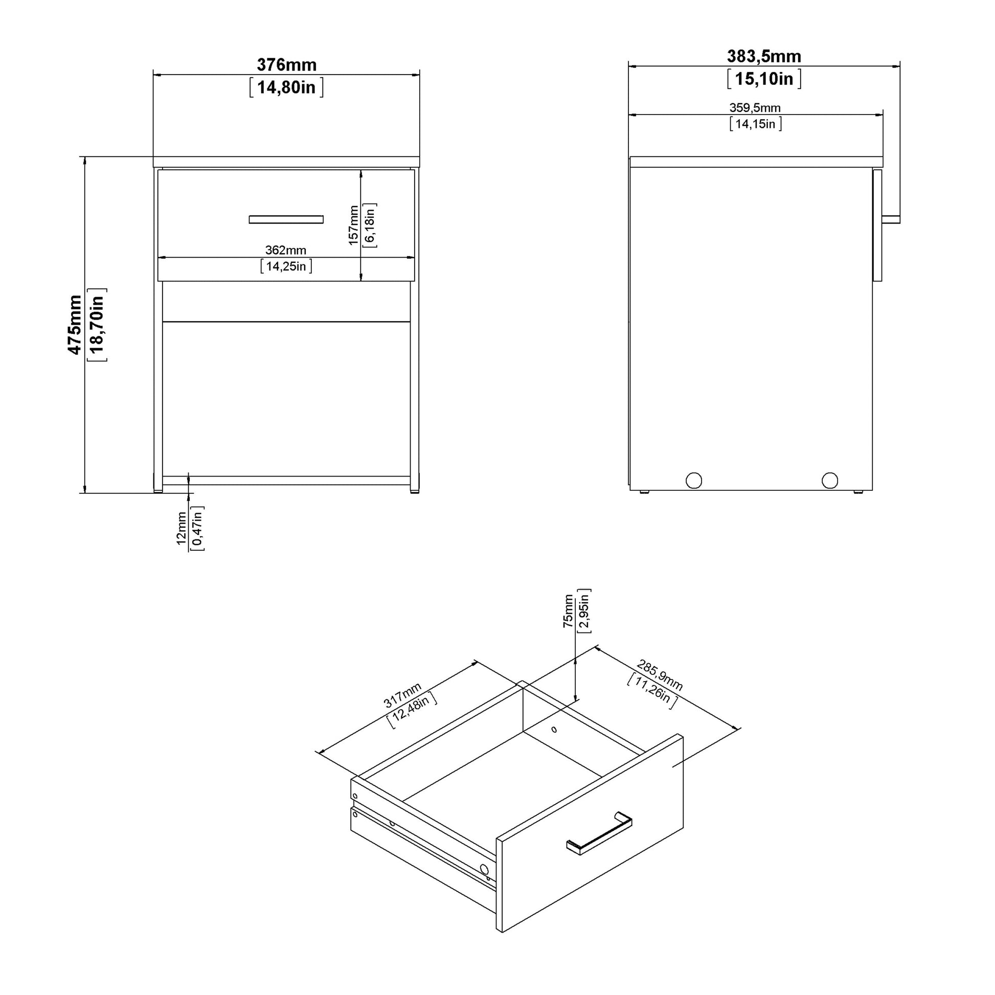 Cote | Furniture Space Bedside Table, 1 Drawer - Oak Space, Bedside Tables 70570423akak