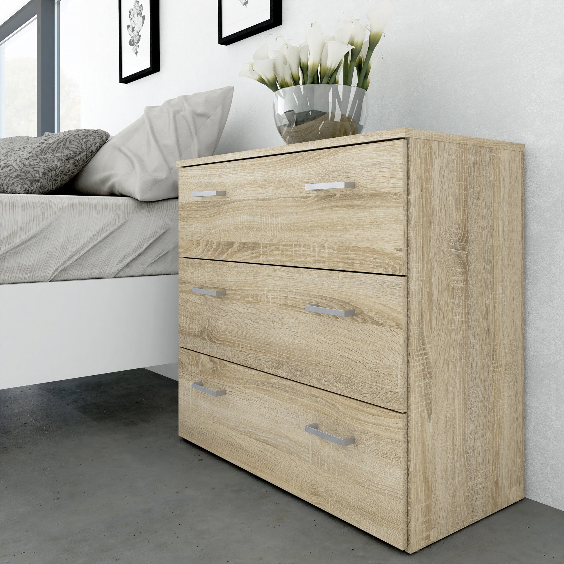 Cote | Furniture Space 3 Piece Bedroom Set - Bedside Table, Chest and 2 Door 1 Drawers Wardrobe - Oak Space, BUNDLE 705akakp1