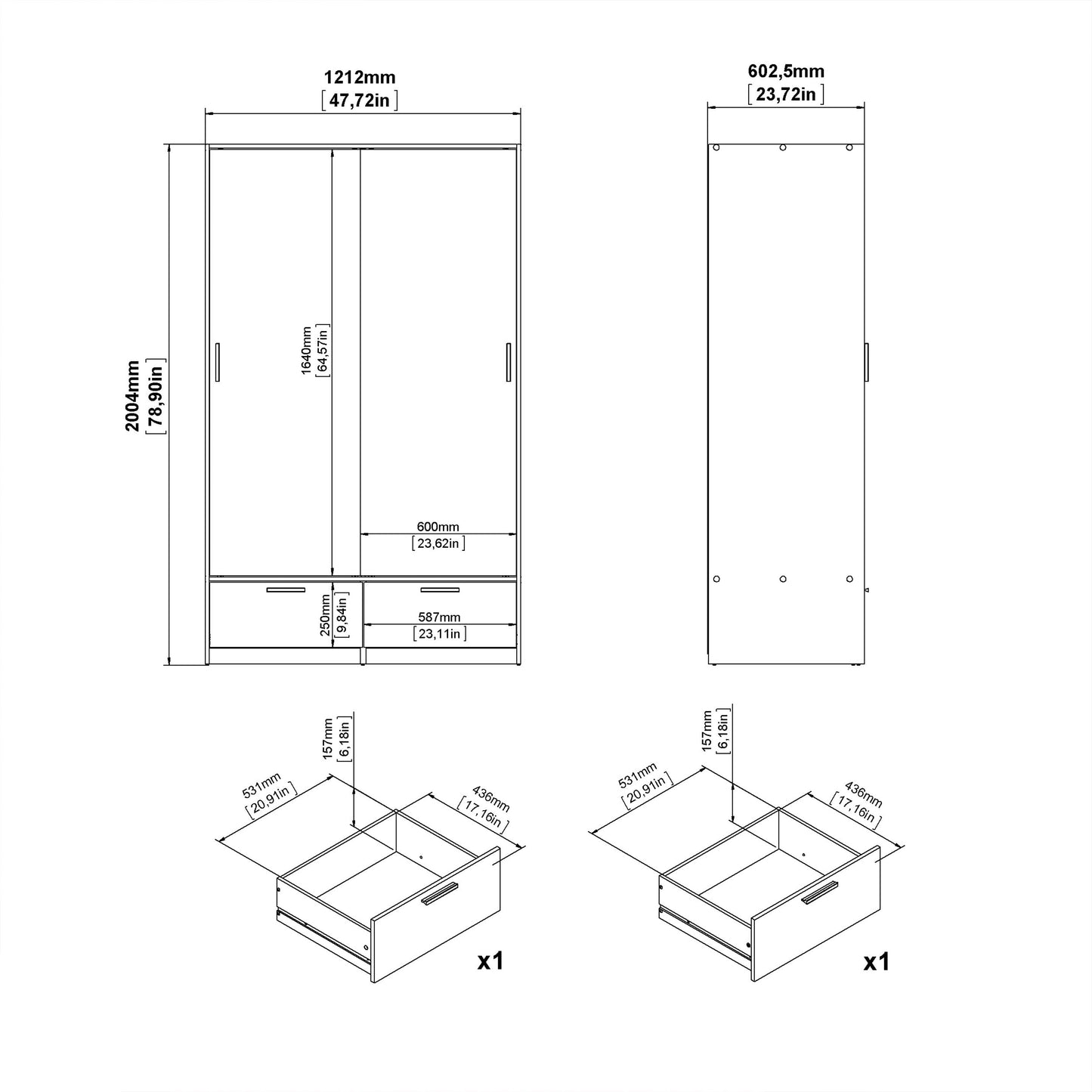 Cote | Furniture Line Wardrobe, 2 Door + 2 Drawer - Black & Oak Line, Wardrobes 70674324gmhl