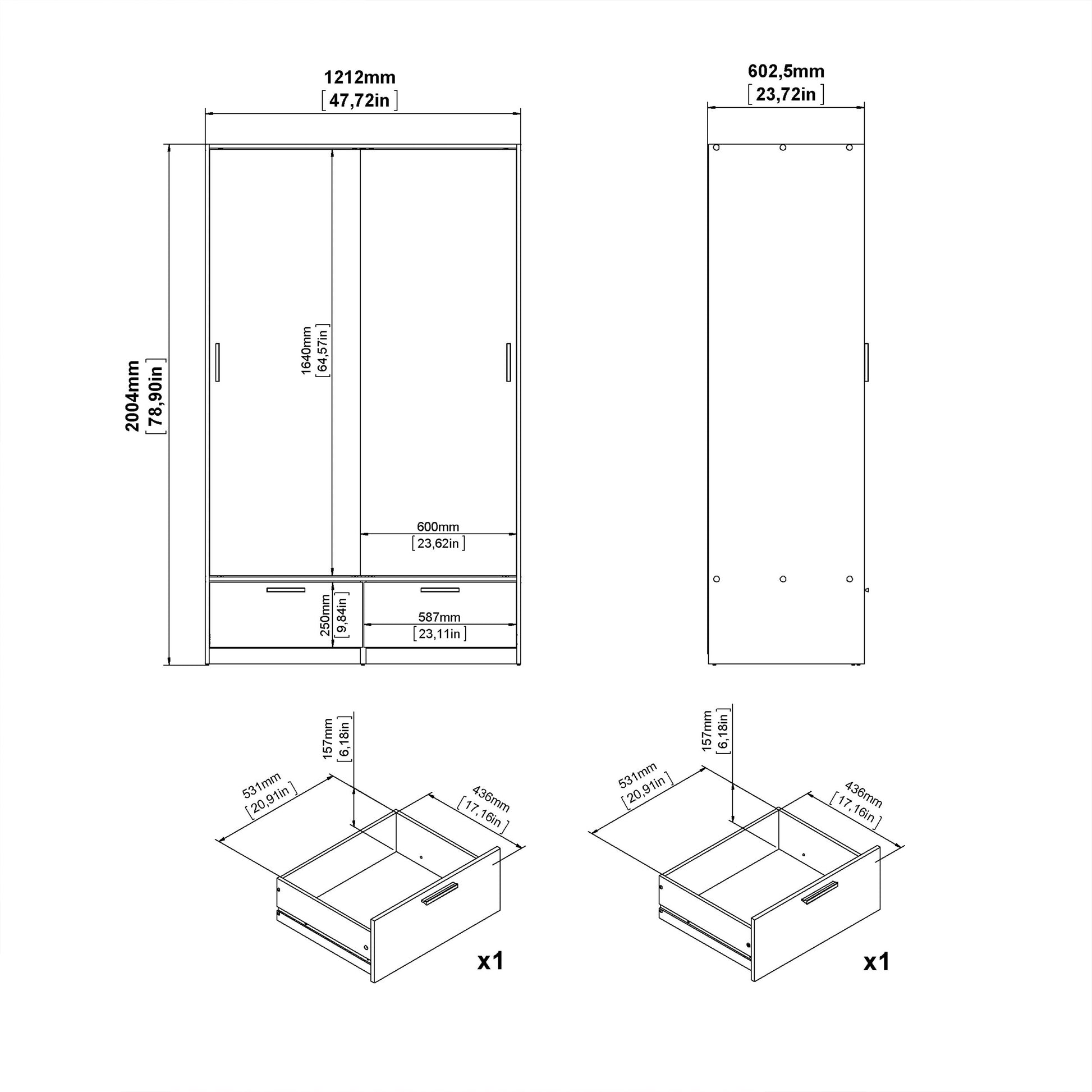 Cote | Furniture Line Wardrobe, 2 Door + 2 Drawer - Black & Oak Line, Wardrobes 70674324gmhl