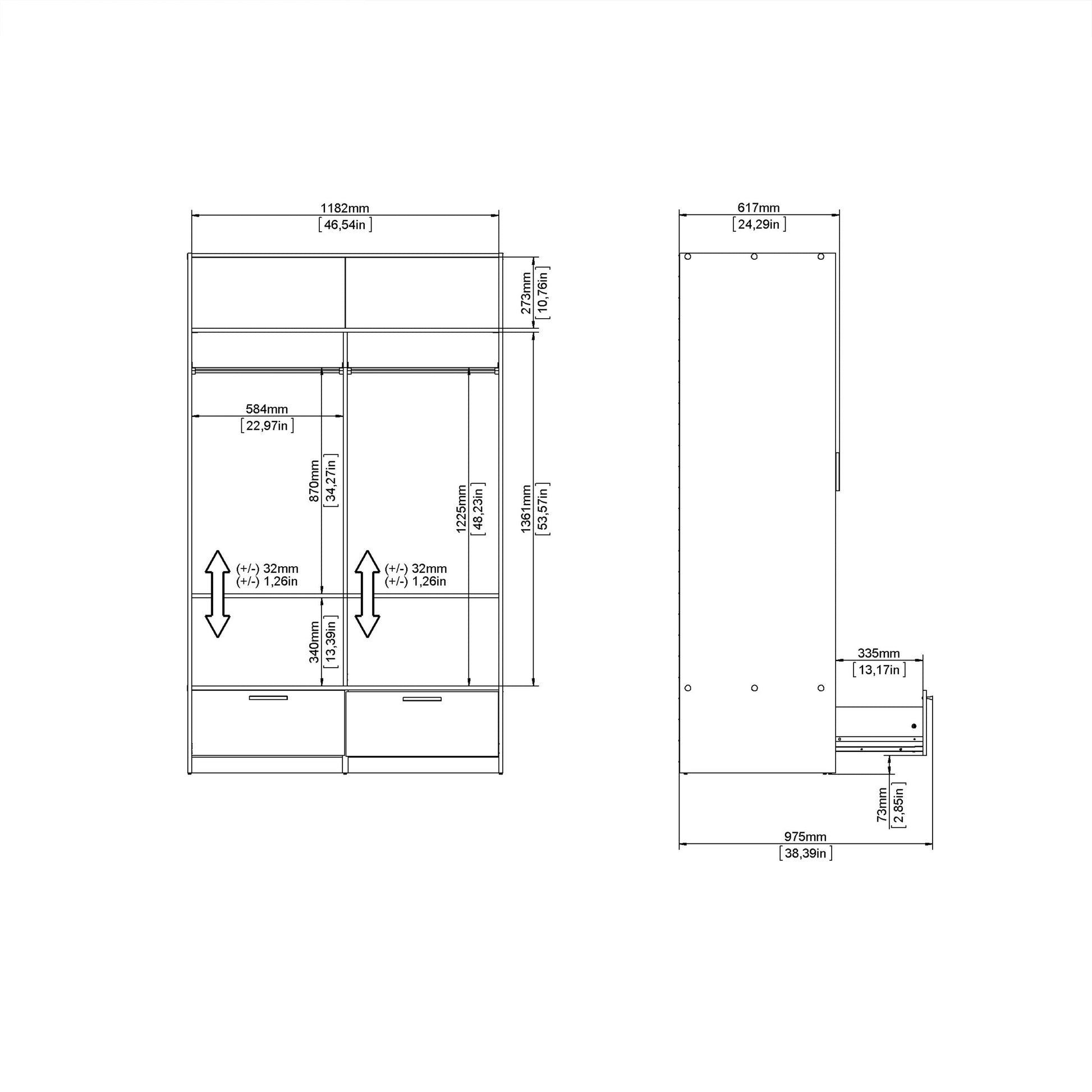 Cote | Furniture Line Wardrobe, 2 Door + 2 Drawer - Black & Oak Line, Wardrobes 70674324gmhl