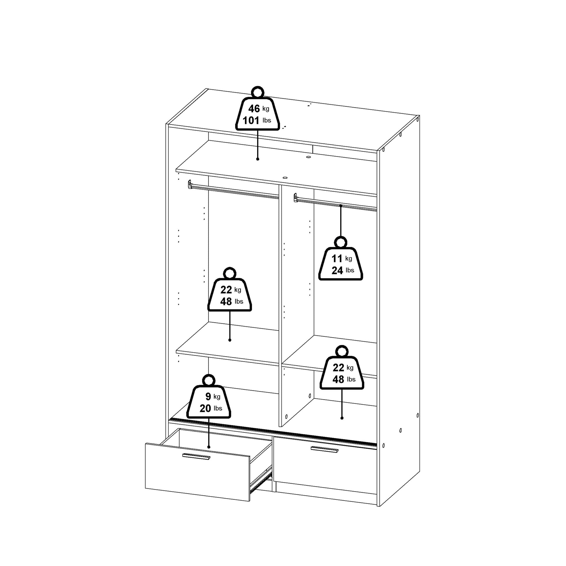 Cote | Furniture Line Wardrobe, 2 Door + 2 Drawer - Black & Oak Line, Wardrobes 70674324gmhl