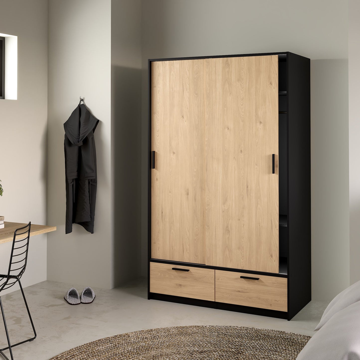 Cote | Furniture Line Wardrobe, 2 Door + 2 Drawer - Black & Oak Line, Wardrobes 70674324gmhl