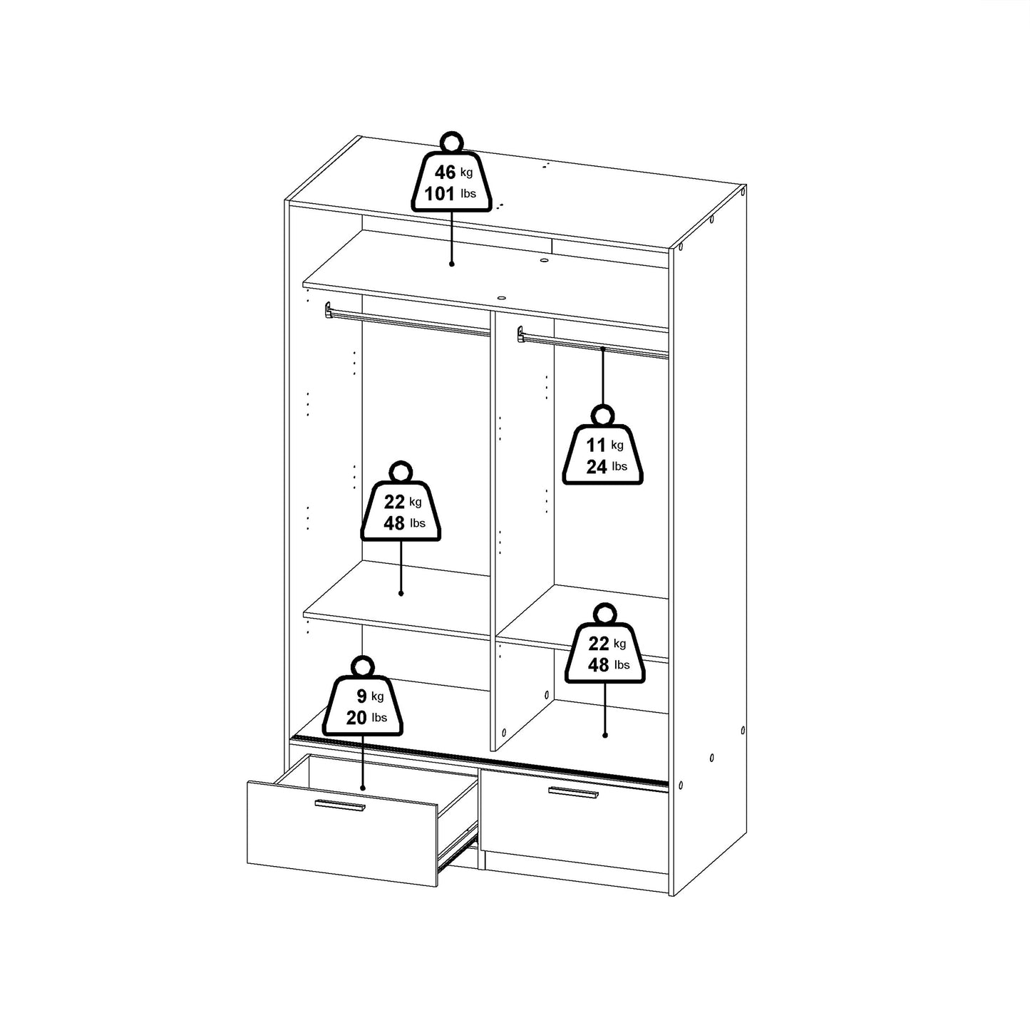 Cote | Furniture Line Wardrobe, 2 Door + 2 Drawer - Oak Line, Wardrobes 70674324hlhl