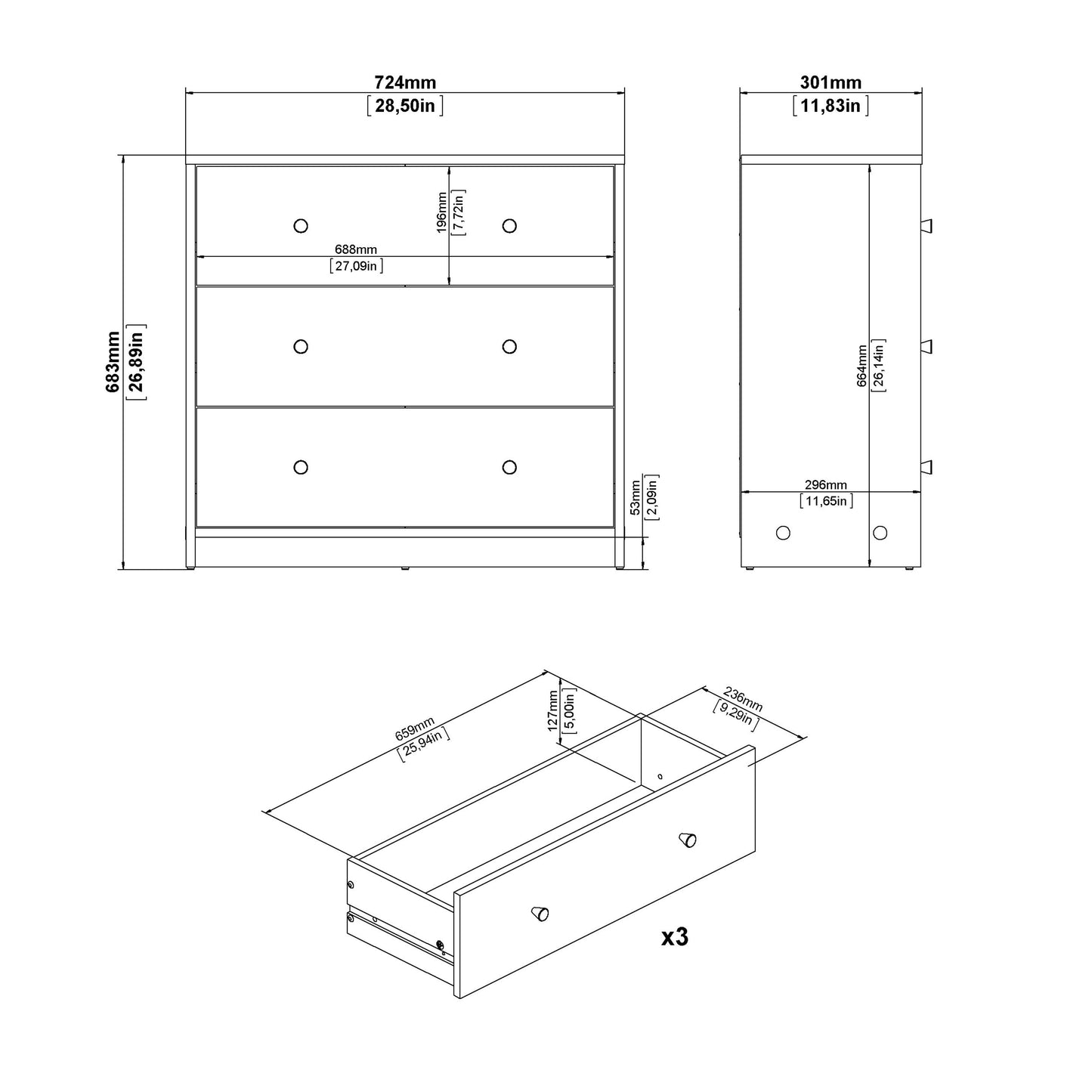 Cote | Furniture May Chest of Drawers, 3 Drawer - White May, Chest of Drawers 7087033249