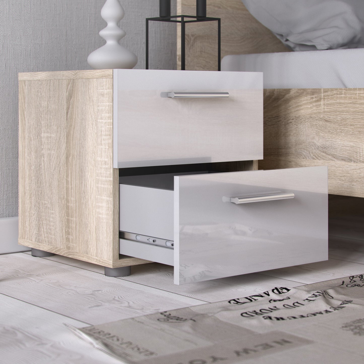 Cote | Furniture Pepe Bedside Table, 2 Drawers - Oak & White Pepe, Bedside Tables 71070070akuu