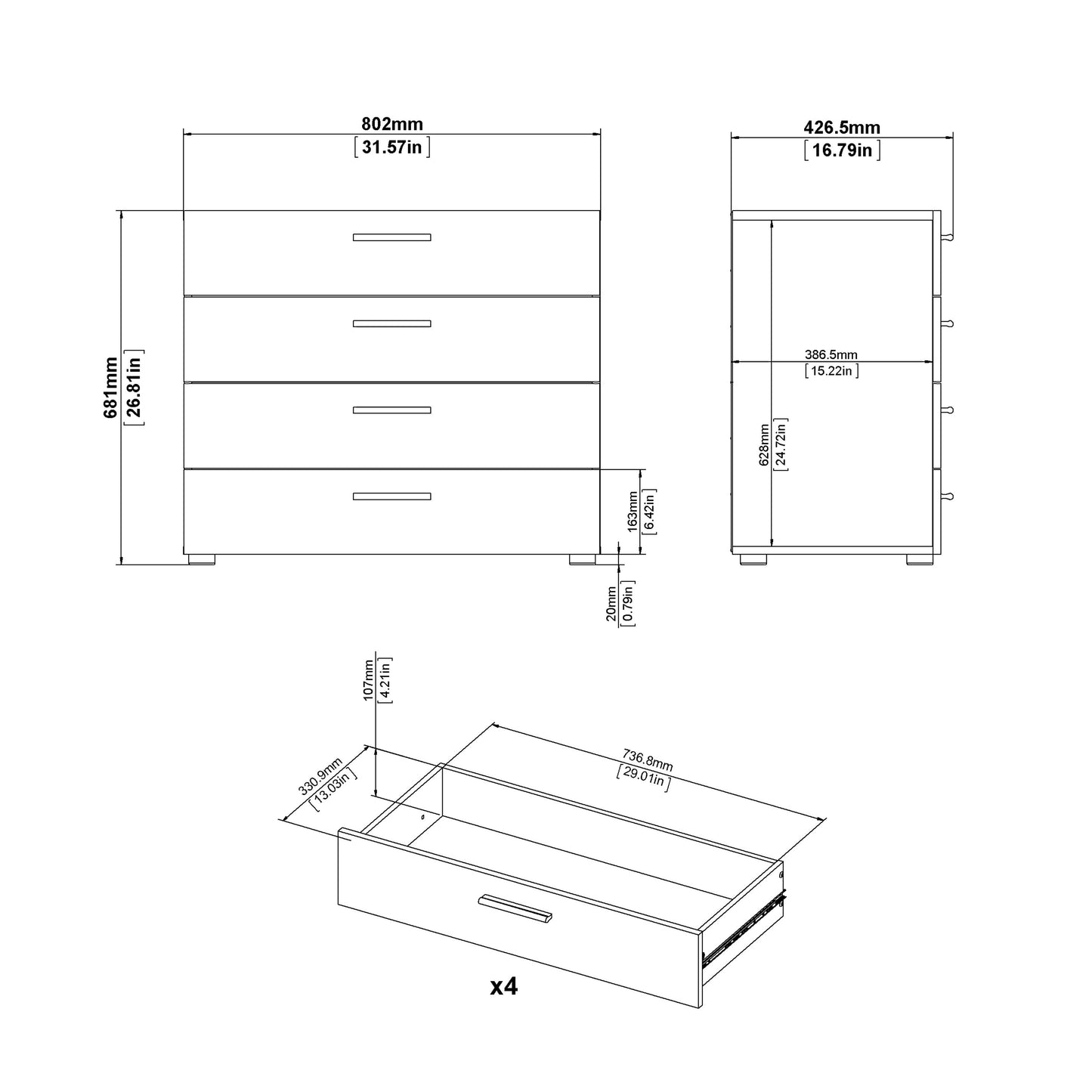 Cote | Furniture Pepe Chest of Drawers, 4 Drawer - Oak Pepe, Chest of Drawers 71070505akak