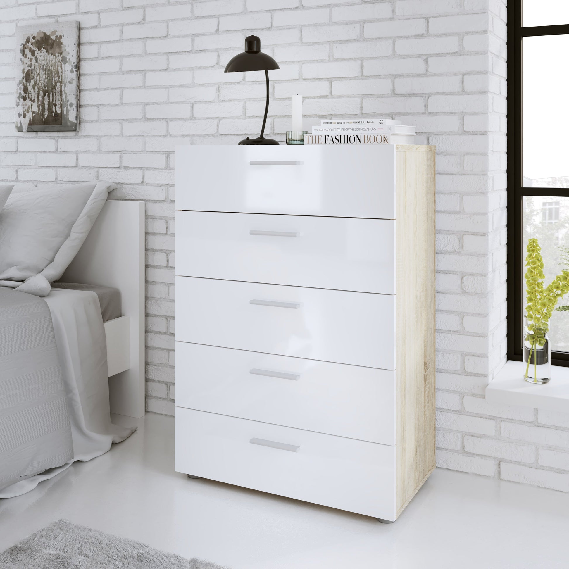 Cote | Furniture Pepe Chest of Drawers, 5 Drawer - Oak & White Pepe, Chest of Drawers 71070508akuu