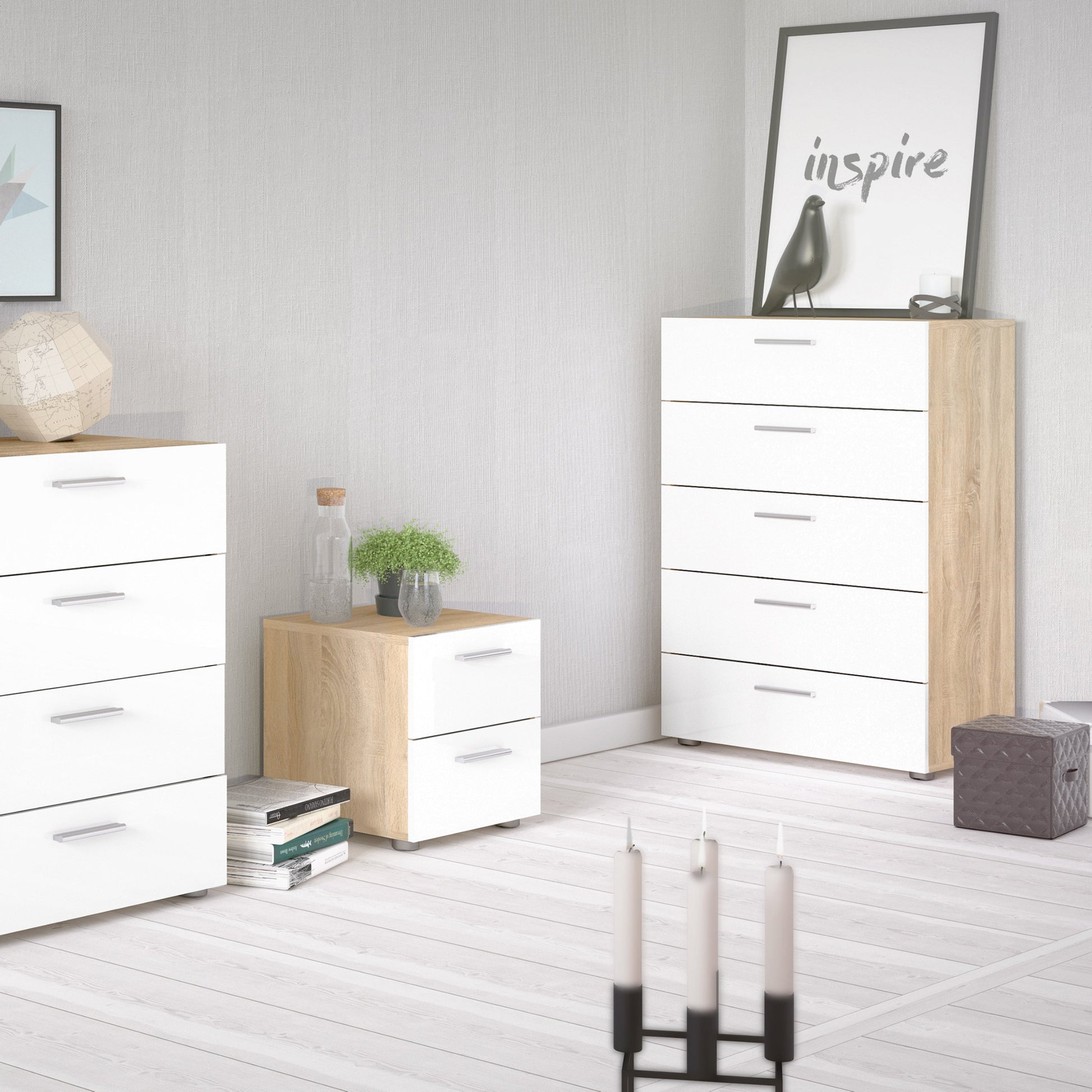 Cote | Furniture Pepe Chest of Drawers, 5 Drawer - Oak & White Pepe, Chest of Drawers 71070508akuu