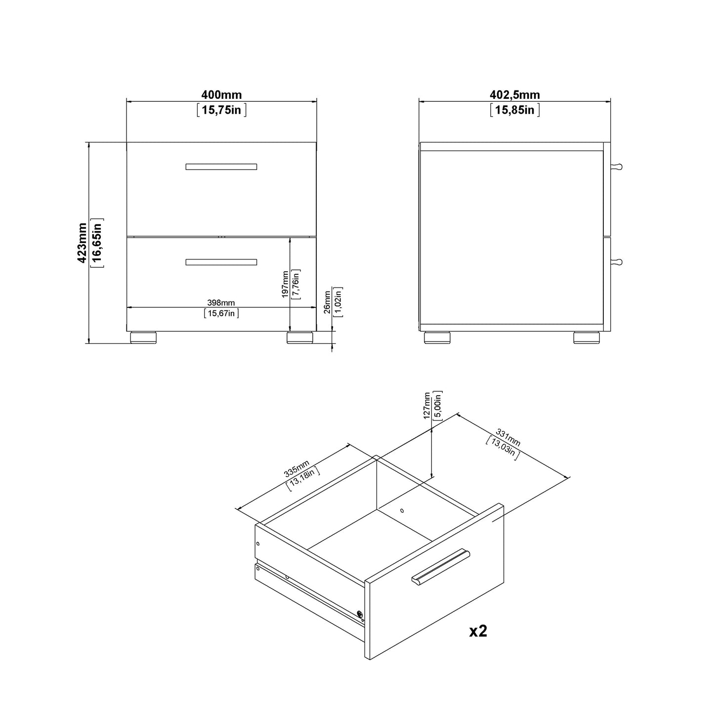 Cote | Furniture Pepe 3 Piece Bedroom Set - Bedside Table, Chest and 2 Door Wardrobe - Oak & White Pepe, BUNDLE 710akuup1