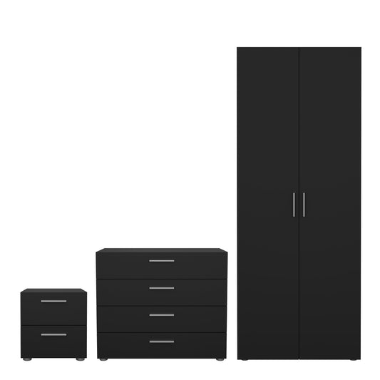 Cote | Furniture Pepe 3 Piece Bedroom Set - Bedside Table, Chest and 2 Door Wardrobe - Black Pepe, BUNDLE 710gmgmp1