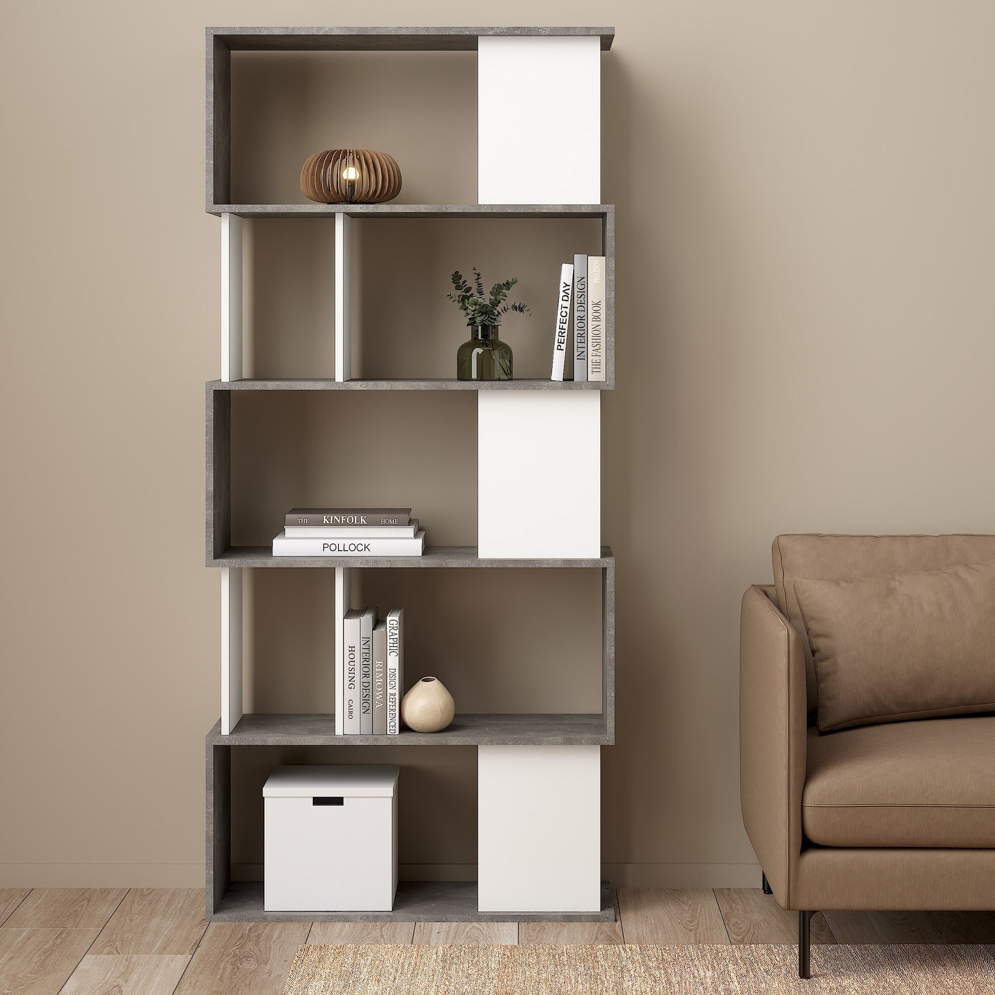 Cote | Furniture Maze Open Bookcase 4 Shelves - Grey Concrete & White Maze, Bookcases 71471735gx49