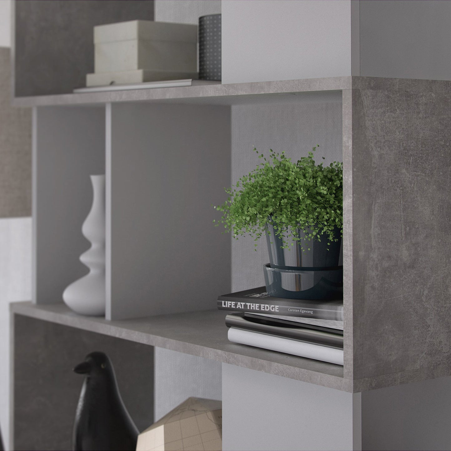 Cote | Furniture Maze Open Bookcase 4 Shelves - Grey Concrete & White Maze, Bookcases 71471735gx49