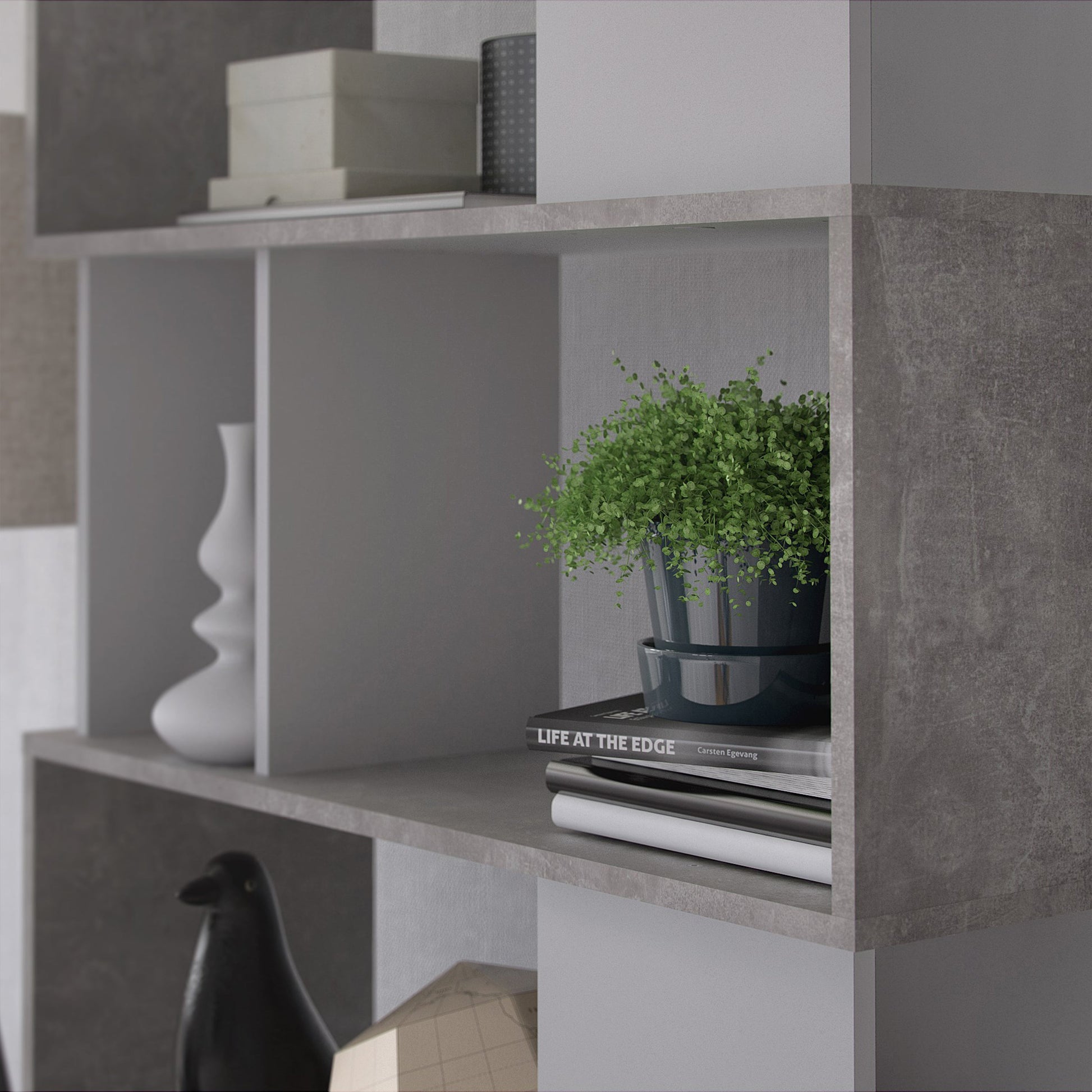 Cote | Furniture Maze Open Bookcase 4 Shelves - Grey Concrete & White Maze, Bookcases 71471735gx49