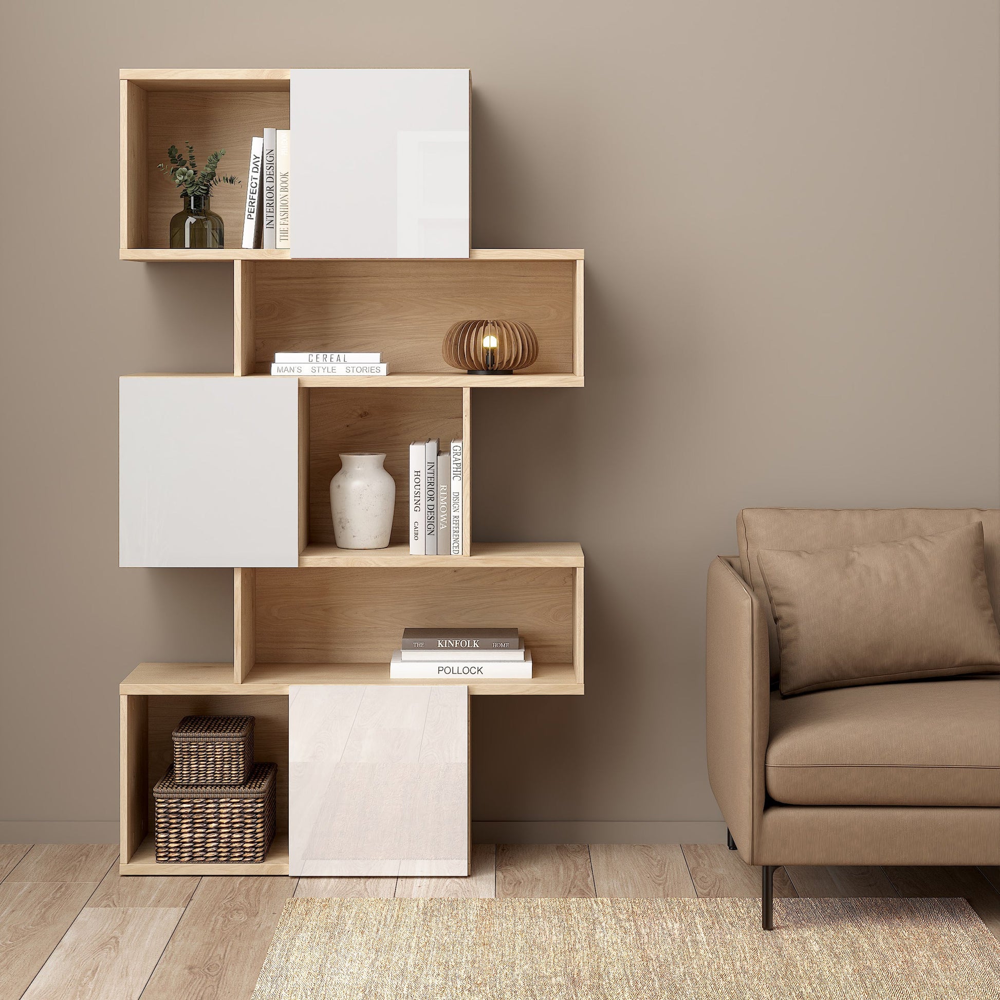 Cote | Furniture Maze Asymmetrical Bookcase, 3 Doors - Oak & White Maze, Bookcases 71471738hluu