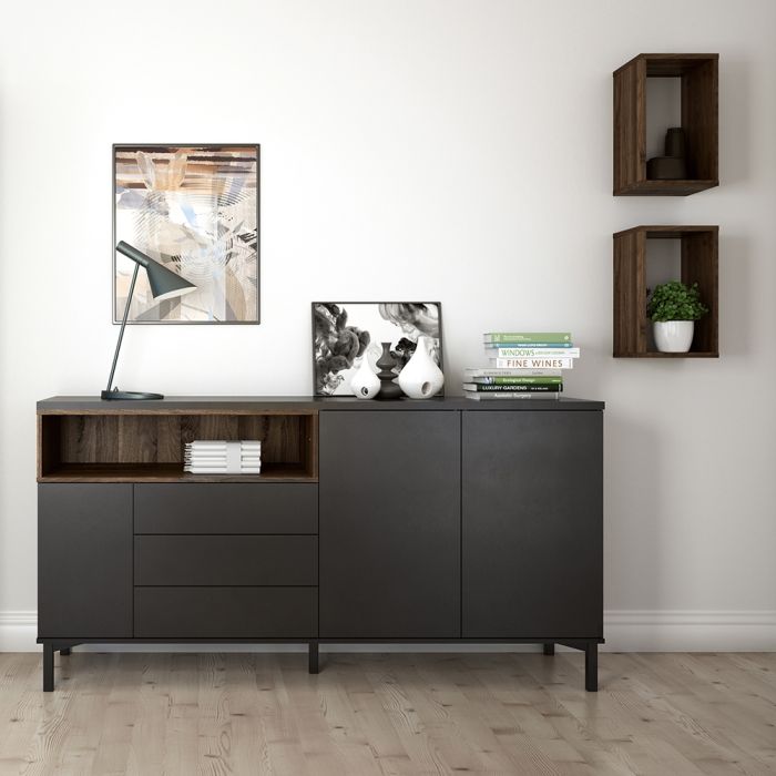 Cote | Furniture Roomers Sideboard, 3 Drawer +3 Door - Black & Walnut Roomers, Sideboards 7169217886DJ