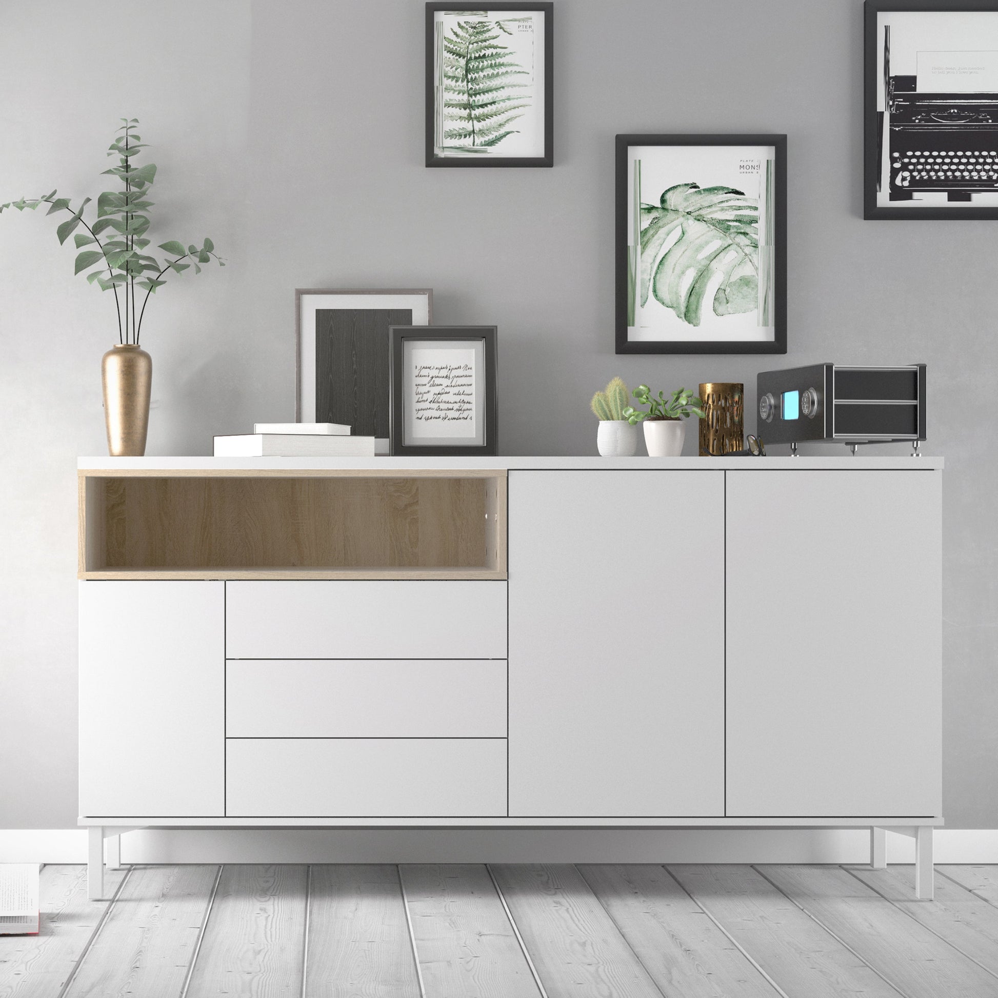 Cote | Furniture Roomers Sideboard,  3 Drawer + 3 Door - White & Oak Roomers, Sideboards 7169217849ak