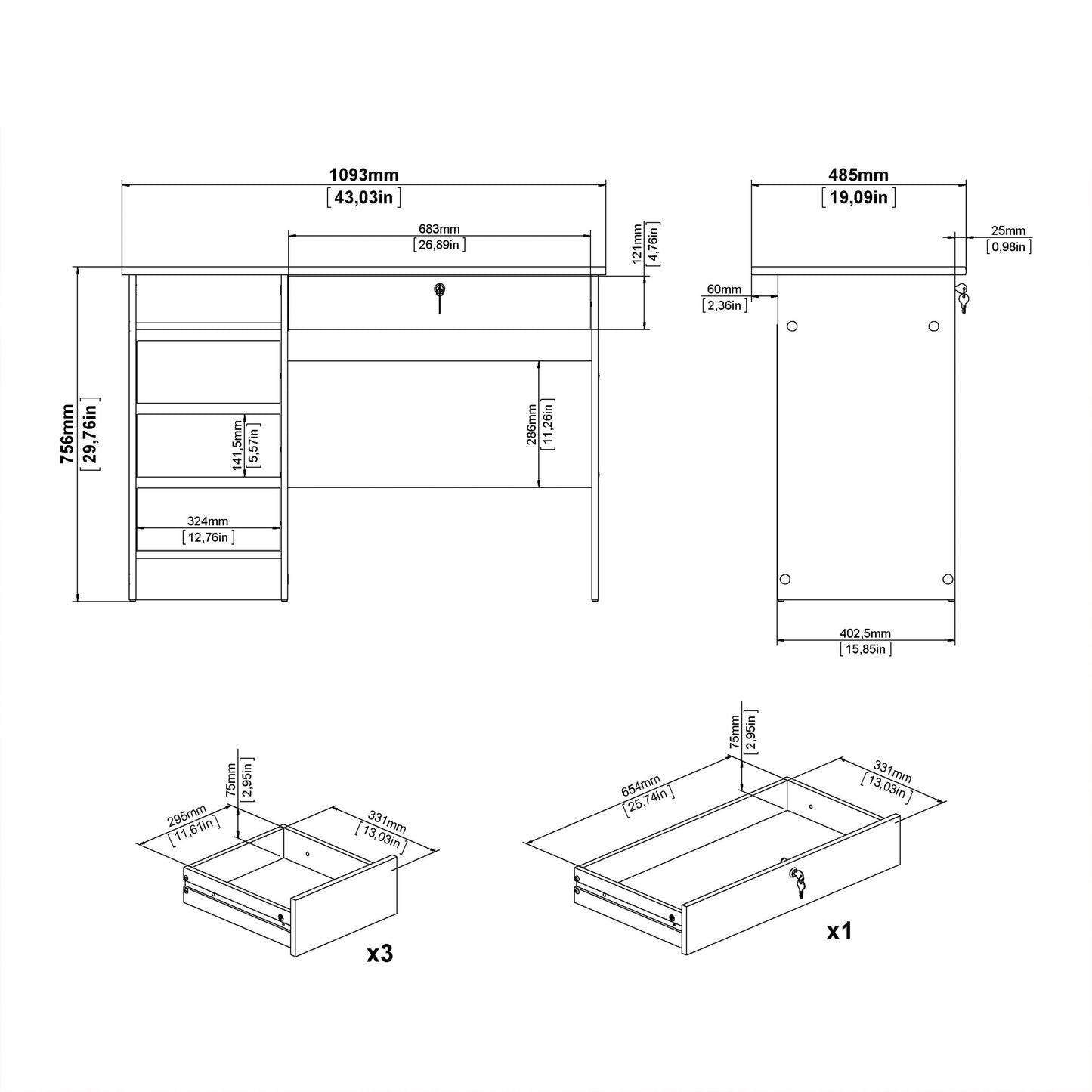 Cote | Furniture Function Plus Desk, (3+1) Handle Free Drawer - White & Oak Function Plus, Office Desks 71970519hlhl