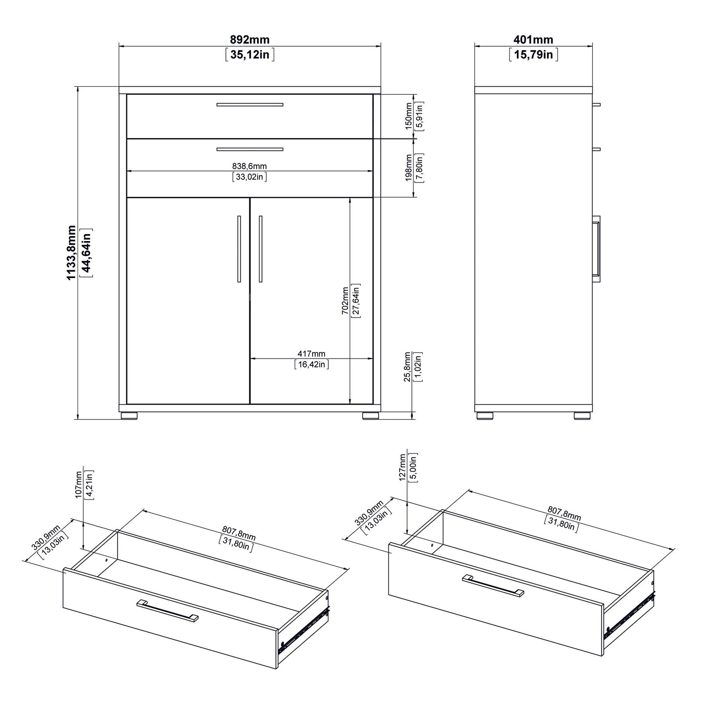 Cote | Furniture Prima Bookcase 3 Shelves, 2 Drawers + 2 Doors - White Prima, Bookcases 720804212549