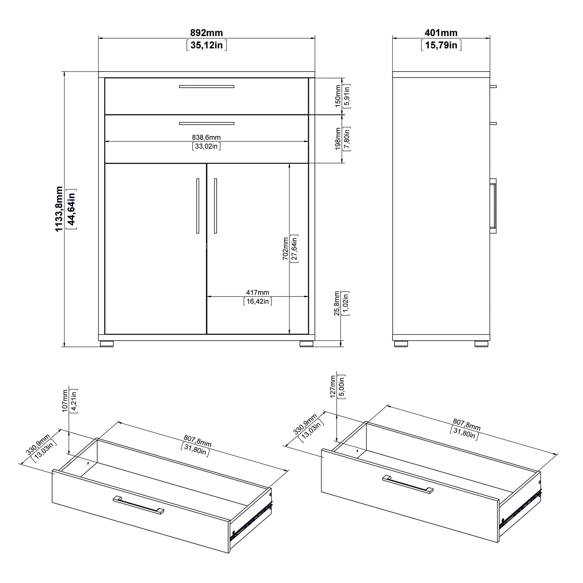 Cote | Furniture Prima Bookcase 3 Shelves, 2 Drawers + 2 Doors - White Prima, Bookcases 720804212549