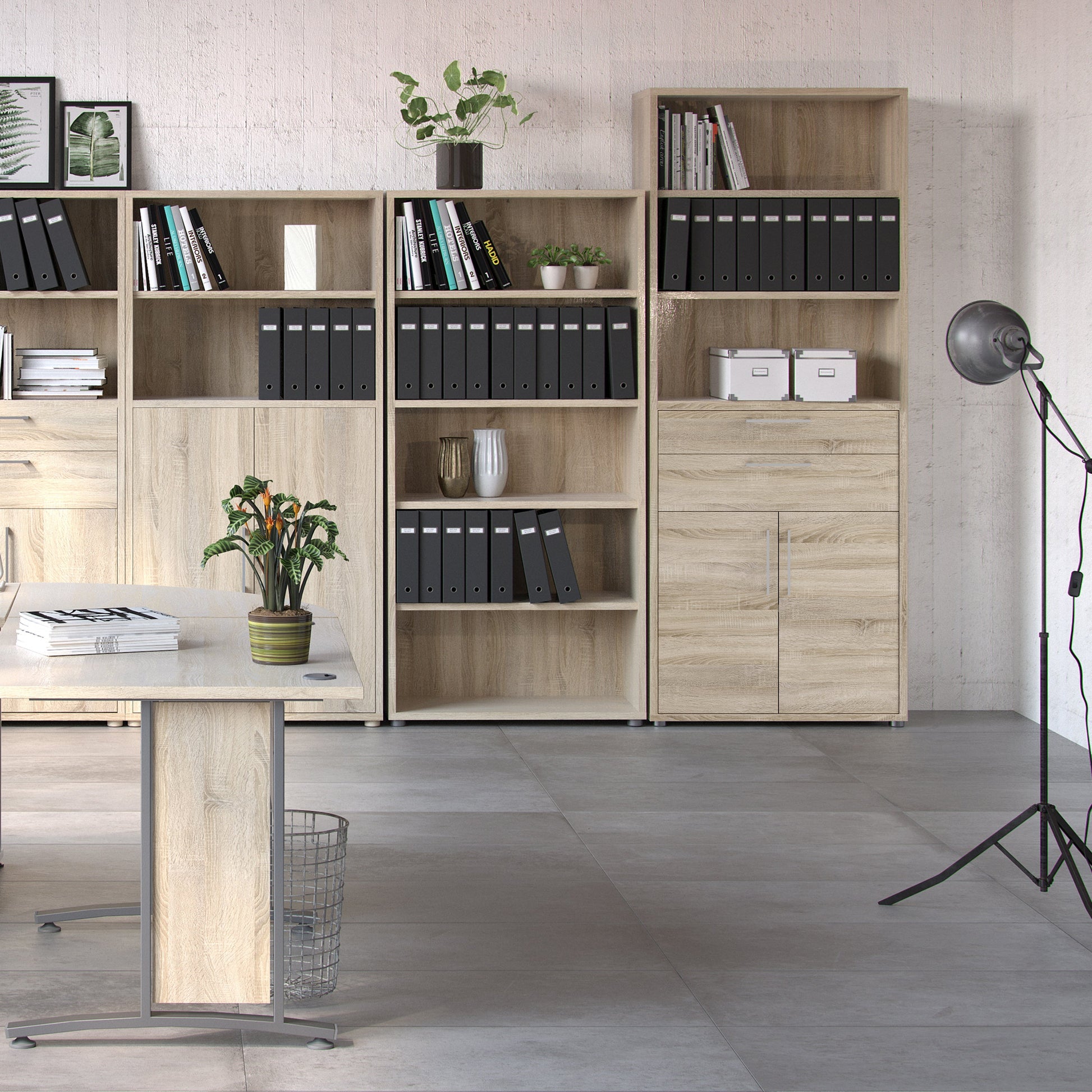 Cote | Furniture Prima Bookcase, 3 Shelves, 2 Drawers + 2 Doors - Oak Prima, Bookcases 7208042125ak