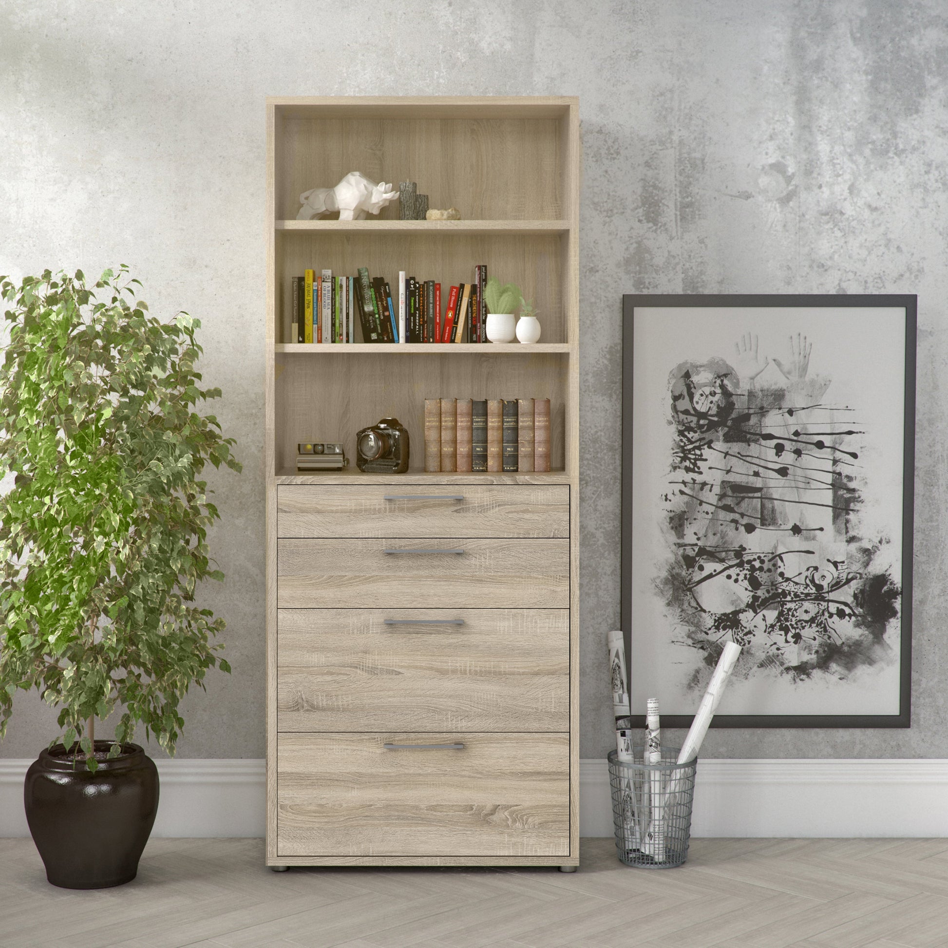 Cote | Furniture Prima Bookcase, 2 Shelves, 2 Drawers + 2 File Drawers - Oak Prima, Bookcases 7208042126ak