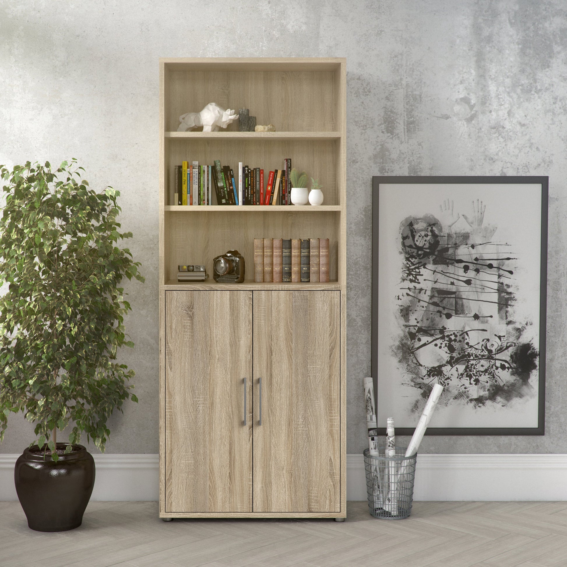 Cote | Furniture Prima Bookcase, 4 Shelves + 2 Doors - Oak Prima, Bookcases 7208042131ak