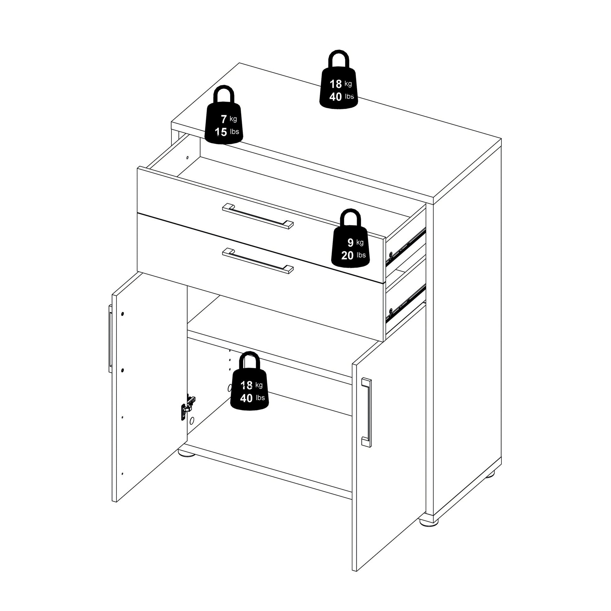 Cote | Furniture Prima Bookcase 1 Shelf, 2 Drawers + 2 Doors - White Prima, Bookcases 720804232549