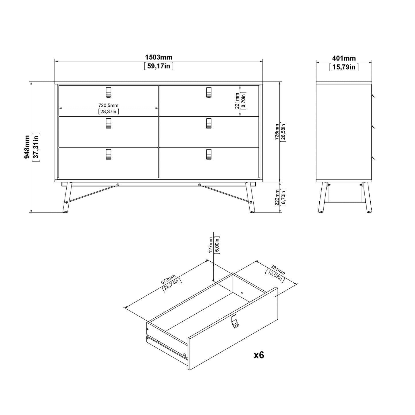 Cote | Furniture Ry Sideboard, Wide Double Chest of Drawers, 6 Drawer - Black Walnut Ry, Chest of Drawers 72186012gmdj