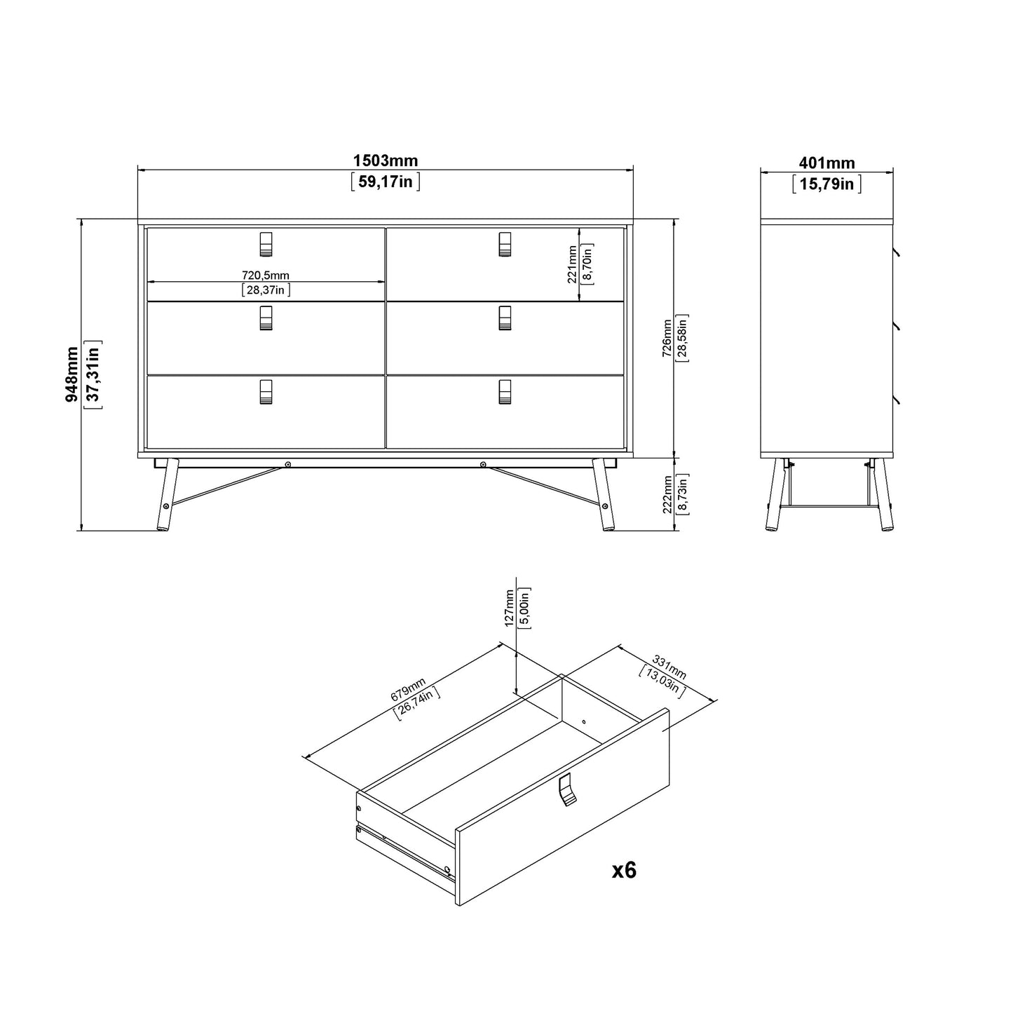 Cote | Furniture Ry Sideboard, Wide Double Chest of Drawers, 6 Drawer - White Ry, Chest of Drawers 72186012gogo