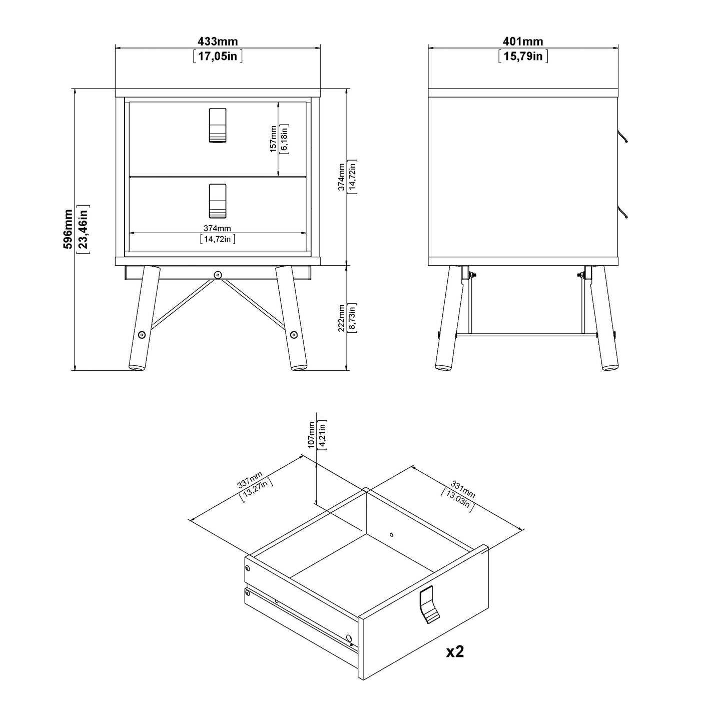 Cote | Furniture Ry Bedside Table, 2 Drawer - Black Walnut Ry, Bedside Tables 72186014gmdj