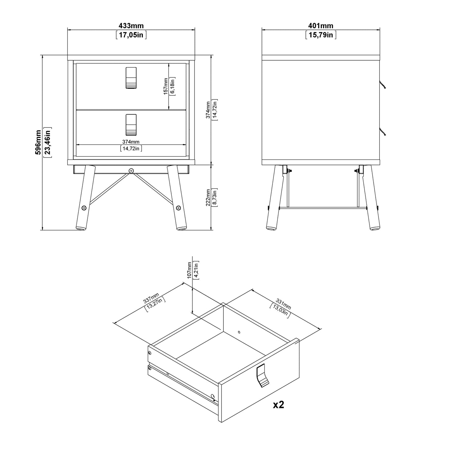 Cote | Furniture Ry Bedside Table, 2 Drawers - Oak Ry, Bedside Tables 72186014hlhl