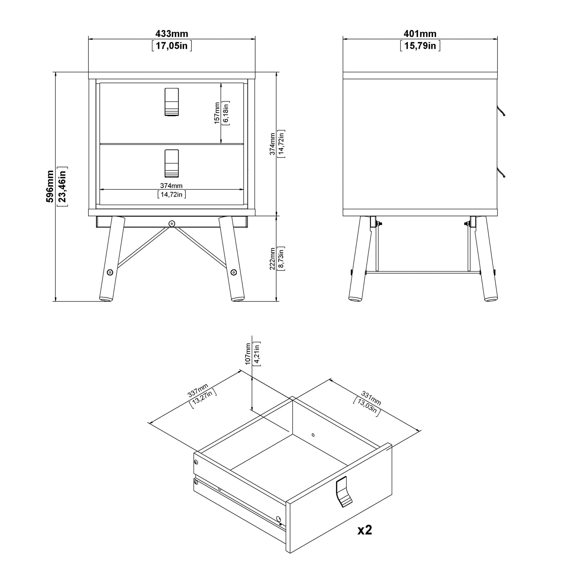 Cote | Furniture Ry Bedside Table, 2 Drawers - Oak Ry, Bedside Tables 72186014hlhl